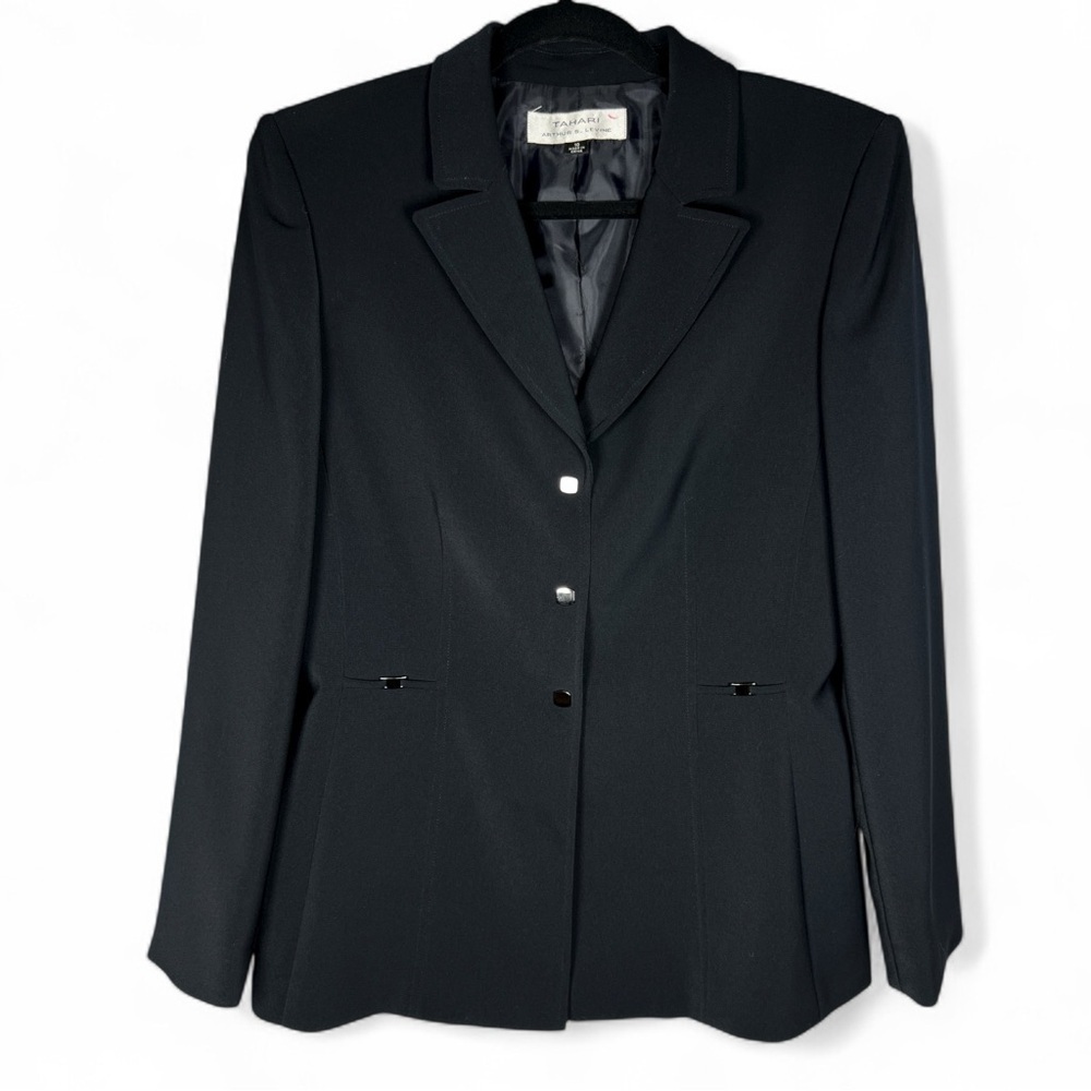 Tahari Black Elegant Blazer decorative square Suds and 3 Button Front Size 10